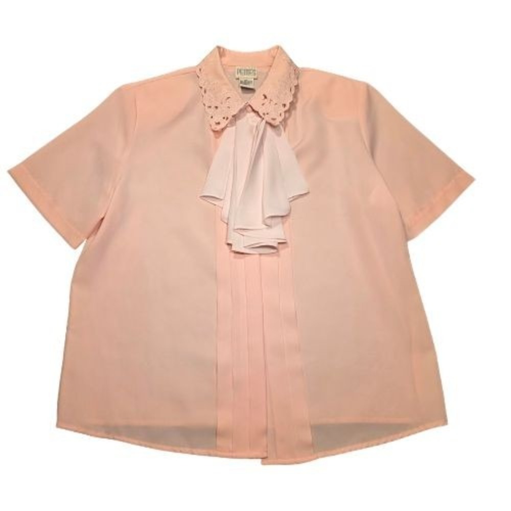 Vintage 80s Just for Petites Size 10P Peach Blouse Eyelet Collar Shoulder Pads